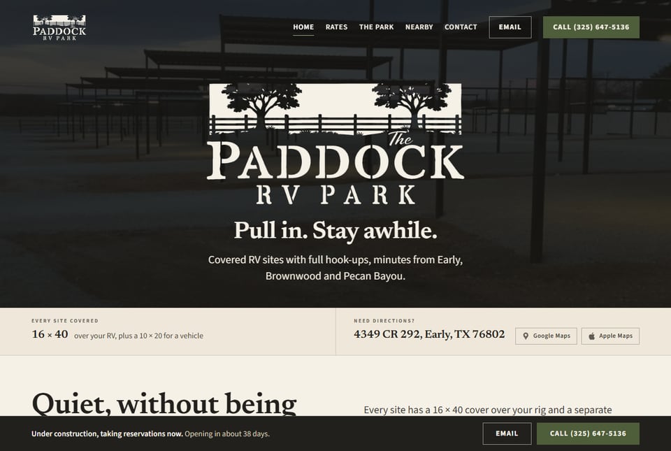 The Paddock RV Park homepage, showing the hero and the covered-site detail bar