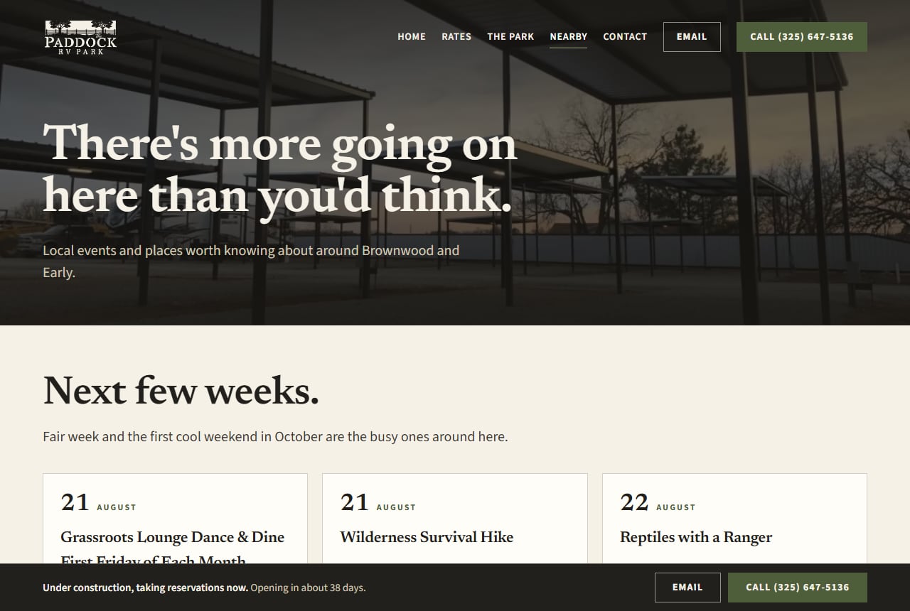 The Nearby page, listing local events and places around the park