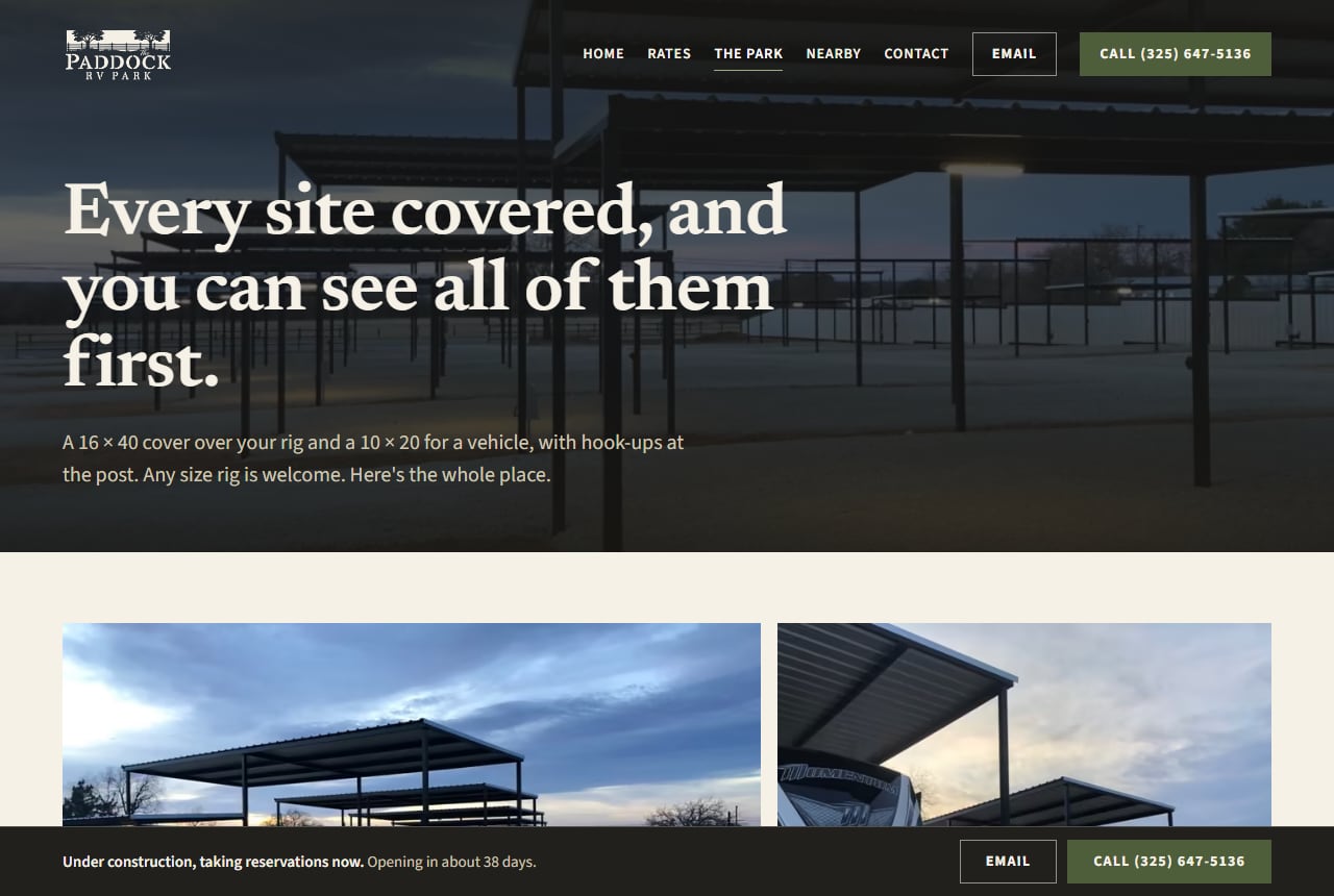 The Park page, covering site sizes and hook-ups