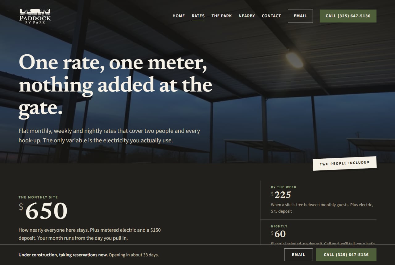 The rates page showing monthly, weekly, and nightly pricing